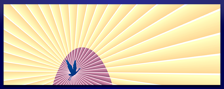 Logo depicting a blue crane flying over a pink hill with gold and white rays emanating 360 degrees from the bird